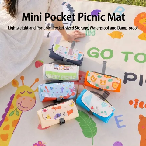 Portable Outdoor Picnic Mat Waterproof Moisture Proof Cartoon Animal Printed Beach Blanket Sand Proof Pocket Foldable Camping Rug Travel Mat