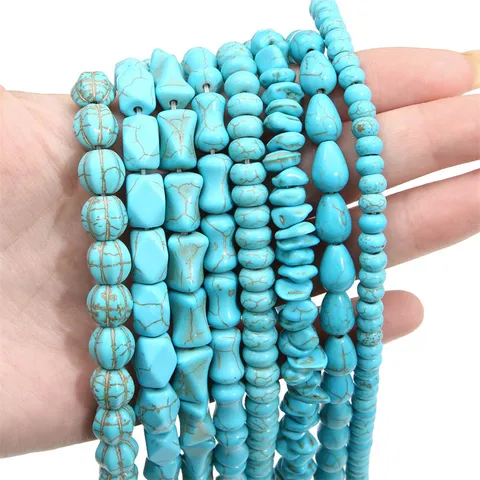 Perles en Pierre de Turquoise Bleue Multi-Formes Synthétiques Perles Amples Percées pour Création de Bijoux DIY Matériel pour Bracelet Collier