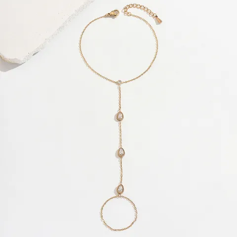 Pulsera Hand Chain Minimalista con Diamantes de Imitación de Gota de Agua Acero de Titanio Chapado en Oro Ring-Linked para Mujer Joyería Resort