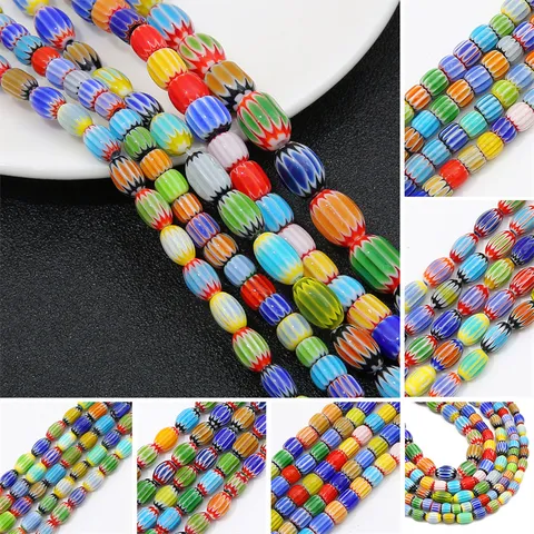 Millefiori Nepal Oval Striped Glass Beads Handmade DIY Colorful Tube Beads For Jewelry Making Bracelet Necklace Accessories