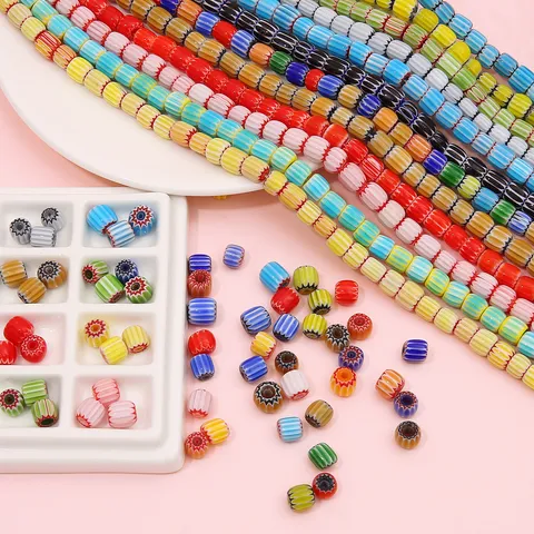 Handmade Millefiori Lampwork Glass Pumpkin Beads Nepal Striped Loose Spacer Beads For Jewelry Making Bracelets Necklaces Ethnic Retro Design
