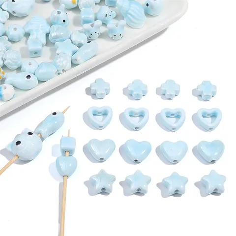 Mignonnes Perles en Céramique Bleue Perles d'Espacement de Forme Irrégulière Fleur Cœur Chat Animal Porcelaine Pour Fabrication de Bijoux Bricolage Fait Main
