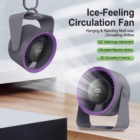 Modern Plastic Air Circulation Fan Stepless Speed LED Digital Display Desktop Wall Mount Rechargeable Cooling Fan For Office Camping