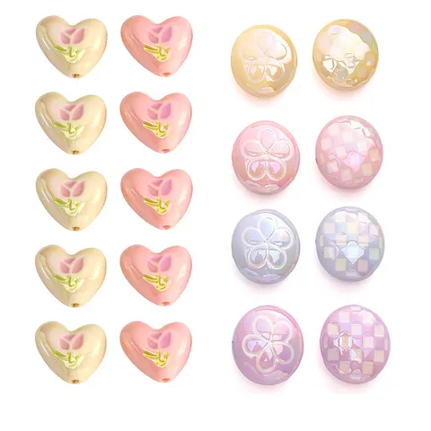 Macaron Color Acrylic Heart Round Beads Heart Tulip Flower Pattern Electroplated Pearl Luster DIY Craft Beads For Children Bracelet Jewelry Making Accessories