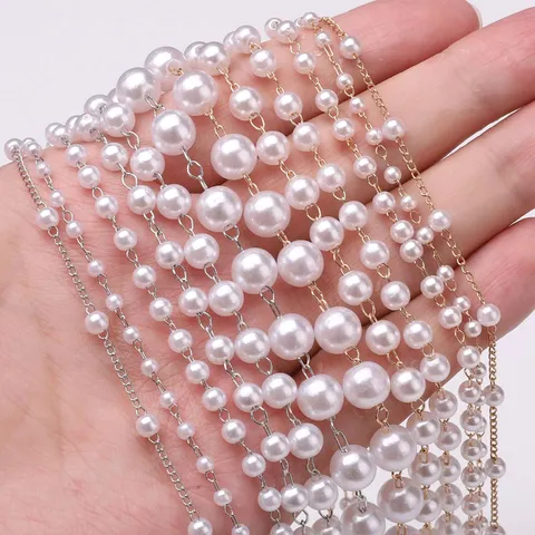 ABS Artificial Pearl Beaded Link Chain Gold Silver Plated Metal Chain For DIY Jewelry Making Wedding Dress Craft Decor Supplies