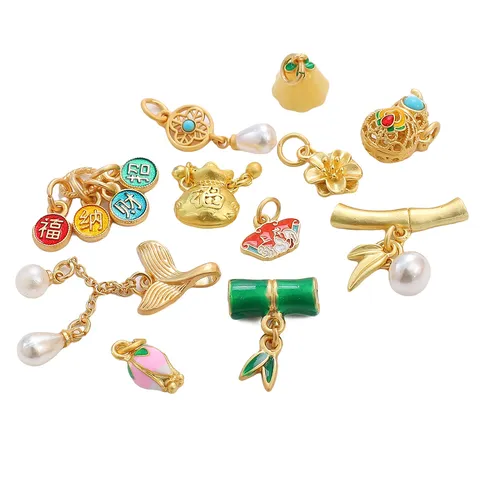 Copper Gold Plated Enamel Charms For Jewelry Making DIY Pendants Lucky Bag Sakura Gourd Bamboo Cat Butterfly Flower Necklace Bracelet Accessories For Women