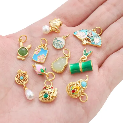 Copper Gold Plated Enamel Charms For Jewelry Making DIY Pendants Lucky Bag Sakura Gourd Bamboo Cat Butterfly Flower Necklace Bracelet Accessories For Women