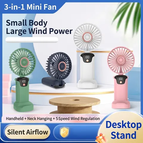 Portable Handheld Mini USB Fan With LED Digital Battery Display 5 Speeds Foldable 3-In-1 Desktop Fan With Phone Holder Base