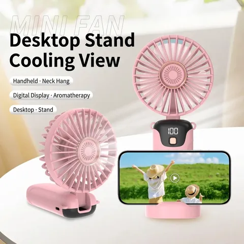 Portable Handheld Mini USB Fan With LED Digital Battery Display 5 Speeds Foldable 3-In-1 Desktop Fan With Phone Holder Base