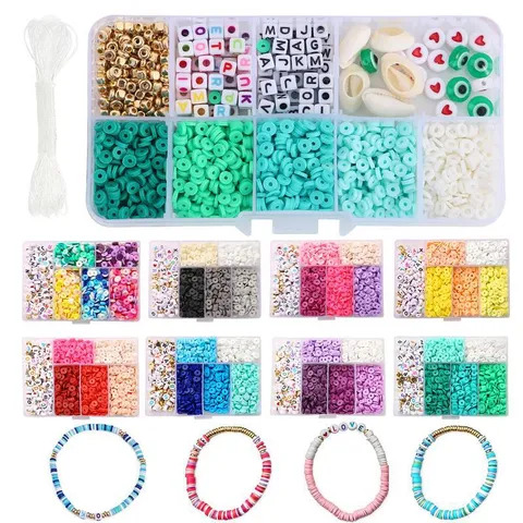 Polymerton Heishi Perlen Set für DIY Schmuckherstellung Buchstabenperlen Muscheln Metall Abstandsperlen mit Elastischem Faden für Armbänder Halsketten