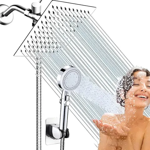 Stainless Steel Square Rainfall Shower Set With 5 Function Handheld Spray Concealed Wall Mount Bathroom Shower Head System