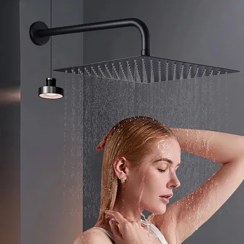 Matte Black Stainless Steel Rainfall Shower Head Set Wall Mount Arm Dual Handwheel Knobs Modern Bathroom Shower Fixtures