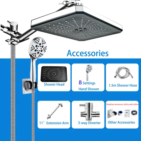 High Pressure Shower Head Set With 11 Inch Rainfall Head And 8 Settings Handheld Spray Chrome Shower Set For Bathroom