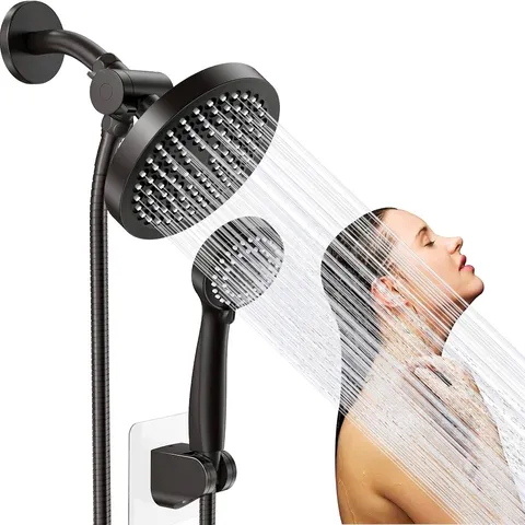 Juego de Cabezal de Ducha de Lluvia de 6 Pulgadas ABS Sistema de Ducha Dual de Alta Presión Negro Mate Acabado Cromado Accesorio de Baño Con Manguera