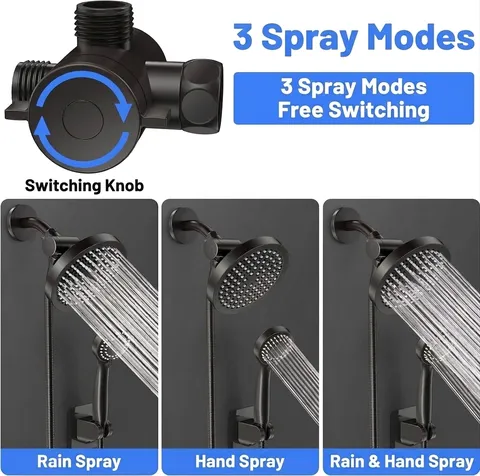 Juego de Cabezal de Ducha de Lluvia de 6 Pulgadas ABS Sistema de Ducha Dual de Alta Presión Negro Mate Acabado Cromado Accesorio de Baño Con Manguera