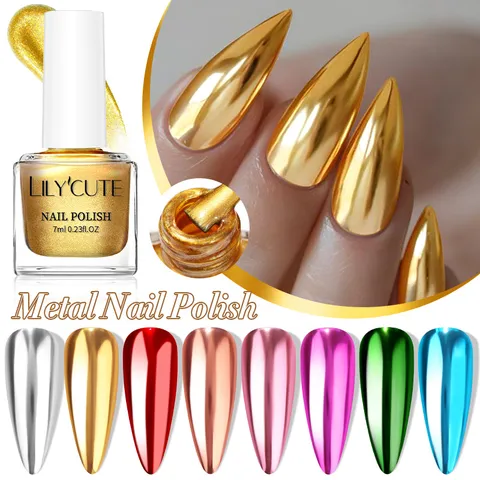 LILY'CUTE High Gloss Metal Nail Polish Mirror Effect Chrome Silver Gold Metallic Texture Quick Dry Nail Art Polish For Women