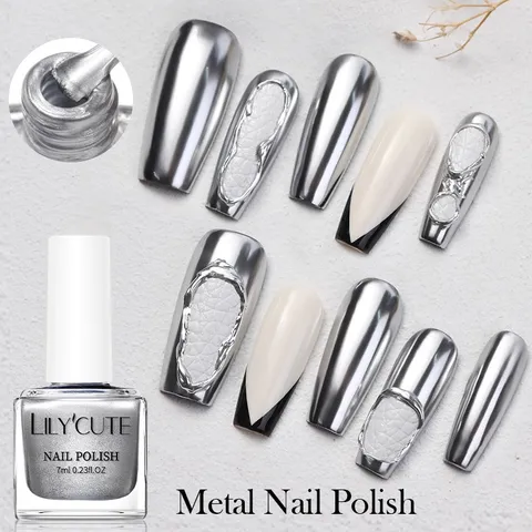 LILY'CUTE High Gloss Metal Nail Polish Mirror Effect Chrome Silver Gold Metallic Texture Quick Dry Nail Art Polish For Women