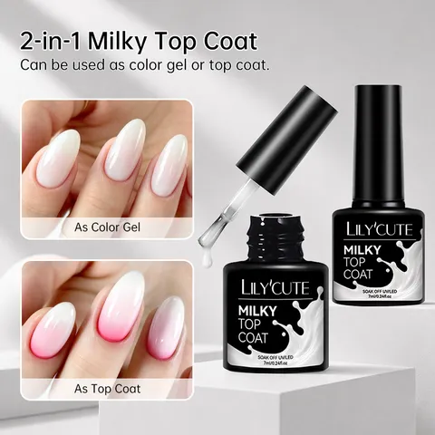 LILY'CUTE 2-en-1 Top Coat Laiteux Vernis Gel Ongles Sans Essuyage Non Jaunissant Soak Off UV LED Blanc Translucide
