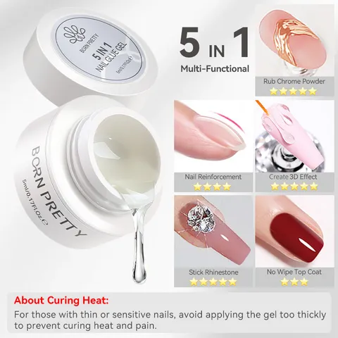BORN PRETTY 5-in-1 Nail Gel 5ml Transparent No Wipe Top Coat Reinforcement Glue For 3D Effect Rhinestones Chrome Powder