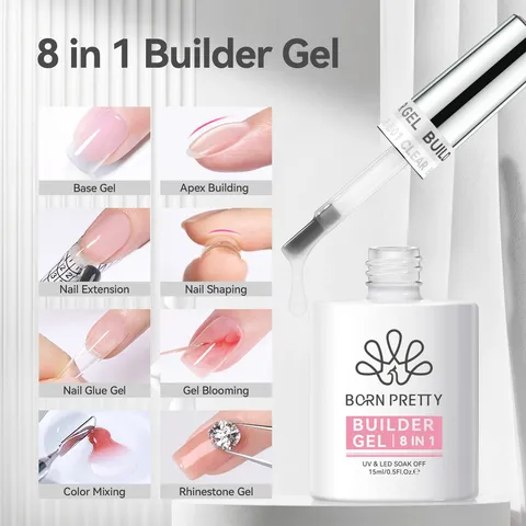 BORN PRETTY Gel de Construction 8 En 1 pour Ongles Transparent Nude Rose Gel d'Extension d'Ongles Base Coat Colle pour Strass Gel Fonctionnel
