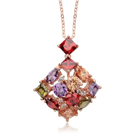 Collar de Colgante Geométrico de Circonia Multicolor Mujer Cobre Chapado en Oro Rosa Collar de Cadena de Cristal Joyería Regalo