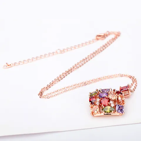Collar de Colgante Geométrico de Circonia Multicolor Mujer Cobre Chapado en Oro Rosa Collar de Cadena de Cristal Joyería Regalo