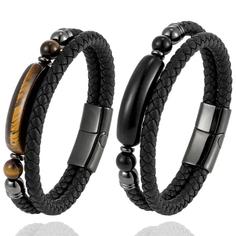 Vintage Men Tiger Eye Stone Braided Leather Bracelet Double Wrap Magnetic Clasp Business Casual Fashion Bracelet Jewelry