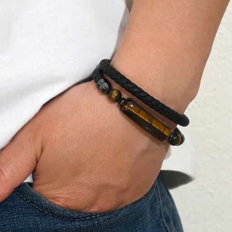 Vintage Men Tiger Eye Stone Braided Leather Bracelet Double Wrap Magnetic Clasp Business Casual Fashion Bracelet Jewelry