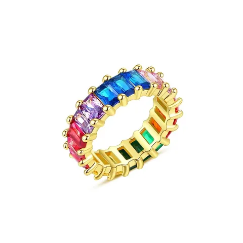 Vintage Rainbow Zirconia Ring Baguette Cut Eternity Band Ring Hip Hop Jewelry For Men Women Gold Silver Plated Copper Ring