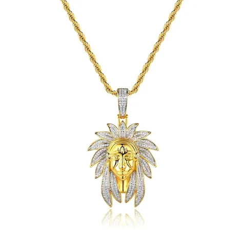 Hip Hop Brass Zirconia Indian Chief Head Pendant Necklace For Men Gold Plated Rope Chain Rap Jewelry Accessories