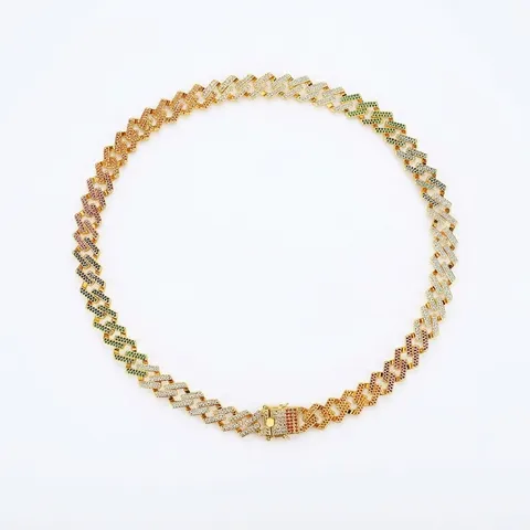 Collar de Cadena de Eslabones Cubanos Hip Hop para Hombre Circonia Multicolor Pavé Cadena de Arcoíris de Cobre Joyería