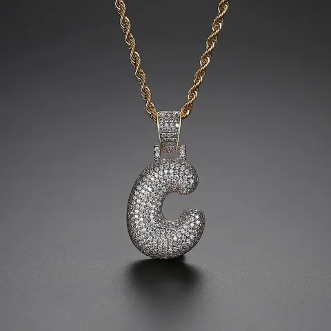 Collar con Colgante de 26 Letras del Alfabeto Hip Hop Iced Out Micro-Pavé de Circonia Latón Chapado en Oro Cadena de Cuerda Joyería Unisex