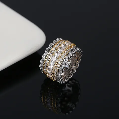 Hip Hop Street Style Wide Zirconia Ring For Men Women Two Tone Copper Full Diamond Geometric Individual Band Ring Jewelry Gift