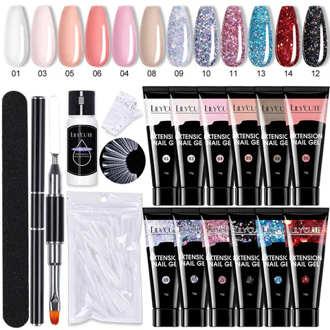 Kit d'Extension d'Ongles en Polygel Professionnel Gel de Construction avec Embouts et Pinceau à Double Extrémité pour Femmes