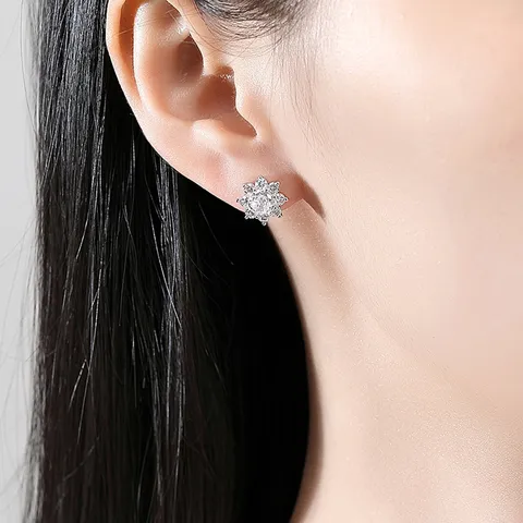 Snowflake Sunflower Zirconia Stud Earrings For Women Copper Rhodium Plated Minimalist Sparkly Ear Jewelry For Daily Commuting Gift