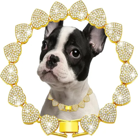 Hip Hop Heart Rhinestone Pet Dog Collar Alloy Bling Cuban Link Chain For Cats Dogs Fashion Jewelry Gold Silver Pet Accessories