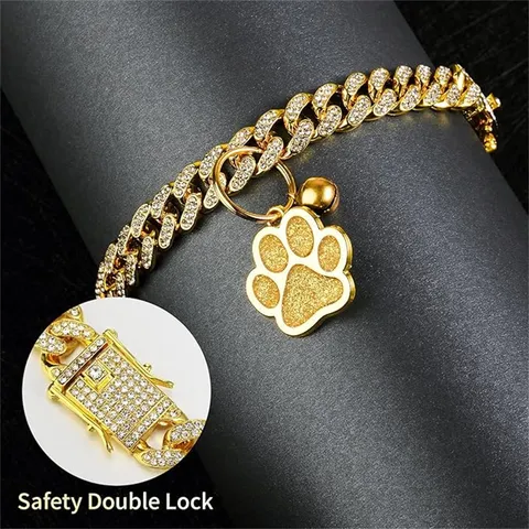 Hip Hop Pet Cuban Link Chain Necklace Alloy Rhinestone Inlaid Cat Paw Pendant Adjustable Dog Cat Collar Jewelry Accessory