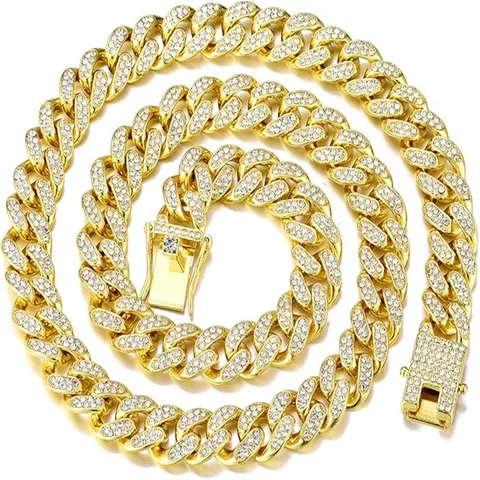 12mm Hip Hop Pave Rhinestone Cuban Link Chain Necklace Alloy Gold Silver Plated Streetwear Jewelry For Men Women