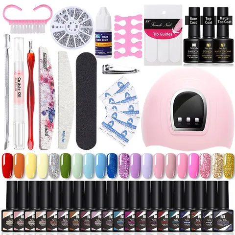 Née Jolie Kit Professionnel Vernis Gel Avec Lampe UV LED Couleurs Assorties Base Top Coat Brillant Mat DIY Outils Manucure Pour Femmes Salon