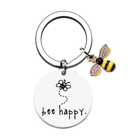 Bee Happy Inspirational Stainless Steel Keychain With Enamel Bee Charm Motivational Quote Metal Key Ring Gift For Friends Family