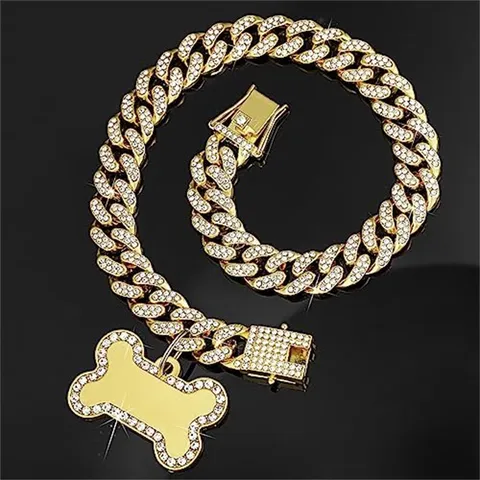 Hip Hop Iced Out Strass Cuban Link Hunde Halskette Mit Knochen Anhänger Zinklegierung Gold Silber Roségold Haustier Halsband