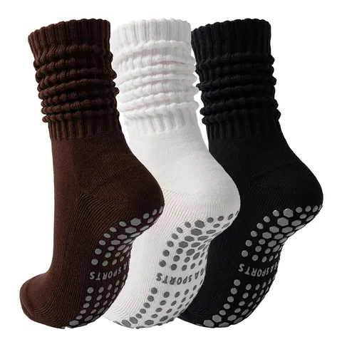 Women Slouchy Yoga Socks Anti Slip Grip Pilates Fitness Sport Cotton Mid Calf Socks For Winter Gym Training Workout Breathable