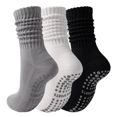 Women Slouchy Yoga Socks Anti Slip Grip Pilates Fitness Sport Cotton Mid Calf Socks For Winter Gym Training Workout Breathable
