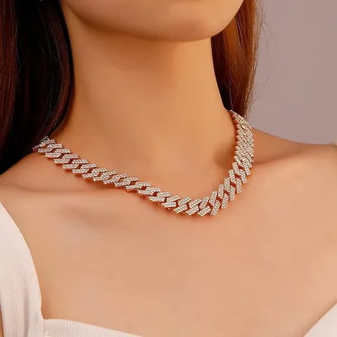 Hip Hop Alloy Rhinestone Cuban Link Chain Necklace Shiny Luxurious Double Row Iced Out Geometric Chain Jewelry For Men Women Party