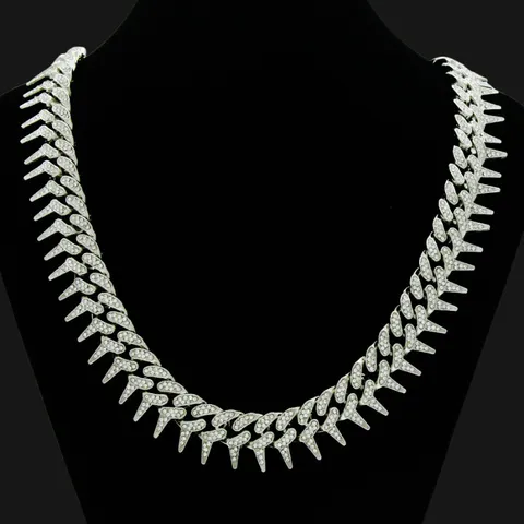 Hip Hop Iced Out Spiky Cuban Link Chain Necklace For Men Women Alloy Rhinestone Geometric Pendant Streetwear Bold Jewelry