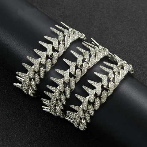 Hip Hop Iced Out Spiky Cuban Link Chain Necklace For Men Women Alloy Rhinestone Geometric Pendant Streetwear Bold Jewelry