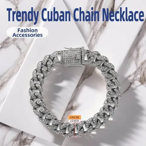 Iced Out Cuban Link Chain Necklace Bracelet for Men Women Hip Hop Jewelry Gold Silver Alloy Rhinestone Chunky Chain Accessor