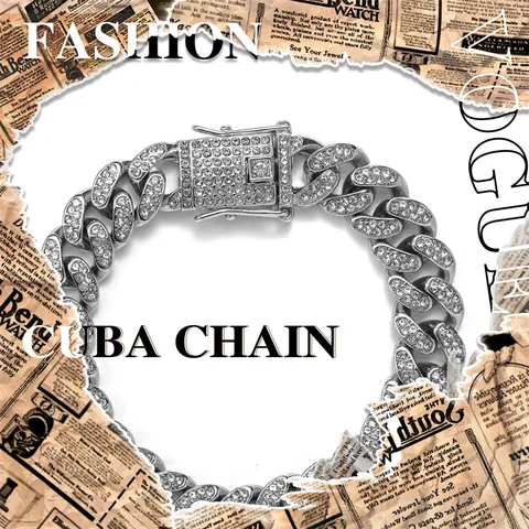 Iced Out Cuban Link Chain Necklace Bracelet for Men Women Hip Hop Jewelry Gold Silver Alloy Rhinestone Chunky Chain Accessor