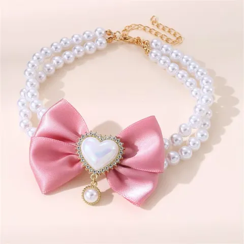 Eleganter Prinzessinnen-Haustier-Künstliche-Perlen-Halskette Für Katzen Kleine Hunde Schleife Strass Herz Verstellbares Hundehalsband Schmuck Zubehör