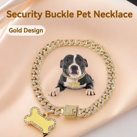 Hip Hop Iced Out Strass Cuban Link Honden Ketting Met Bot Hanger Zinklegering Goud Zilver Roségoud Huisdier Halsband